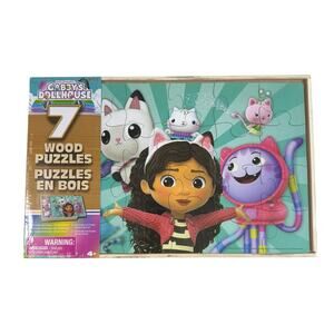 Gabby’s Dollhouse, 7 Wood Puzzles in Wooden Storage Box Ages 4+ New Sealed
